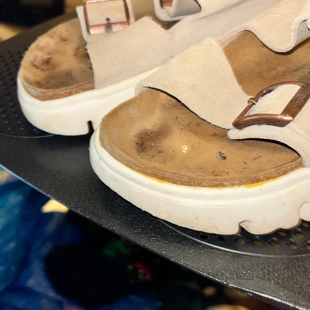 Birkenstock Papillio Chunky Platform Sandals in Beige with Rose Gold Buckles